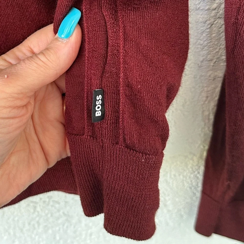 Hugo Boss Virgin Wool Polo V Neck Long Sleeve Maroon Large Soft Mens Sweater